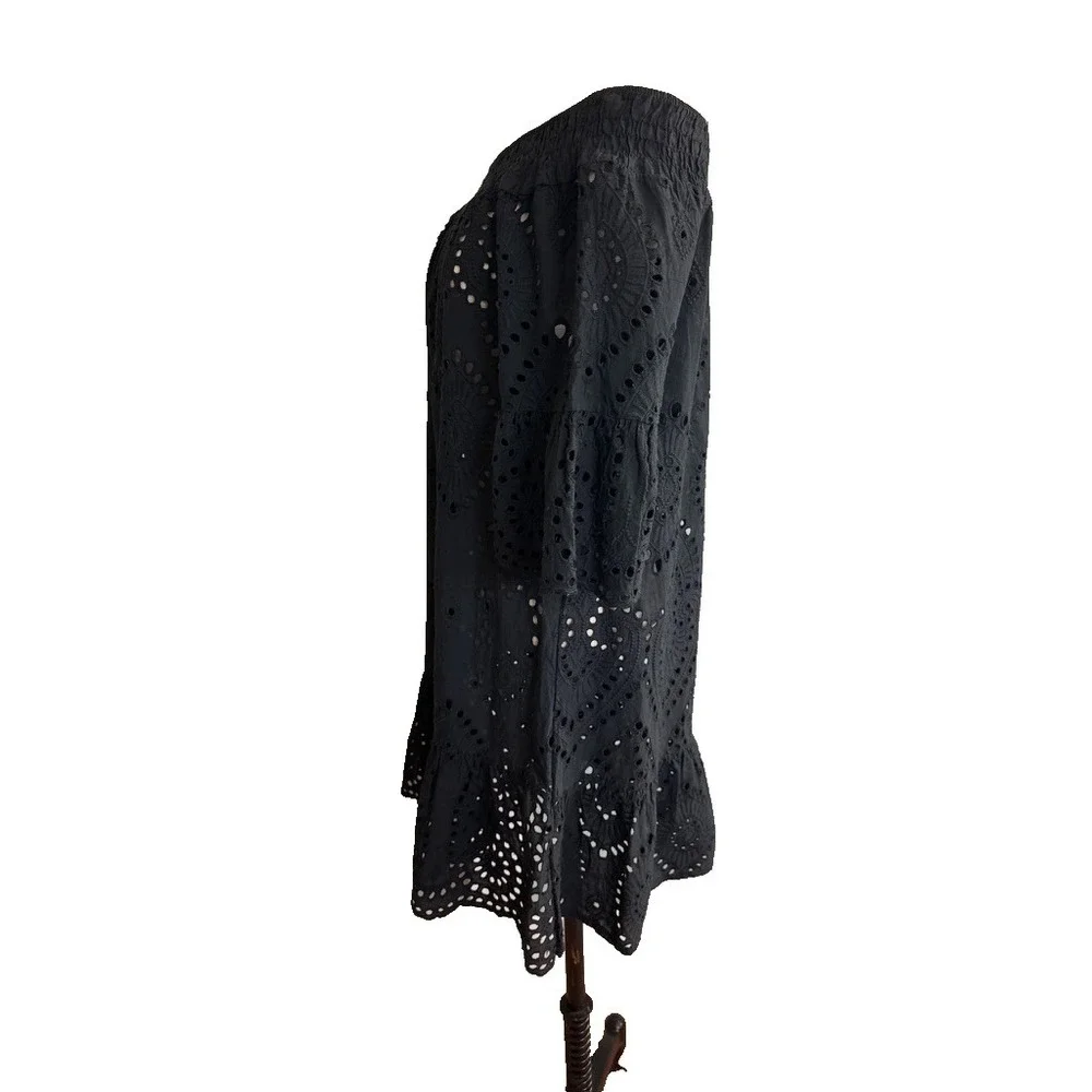 New Collection Italy S Black Eyelet Boho 100 Cotton Mini Dress Off Shoulder Sun
